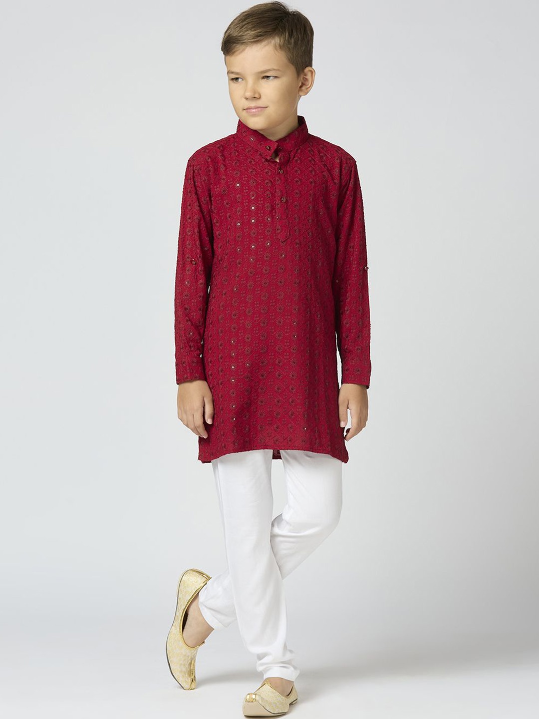 

YK Boys Geometric Embroidered Band Collar Regular Sequinned Straight Kurta With Trouser, Maroon