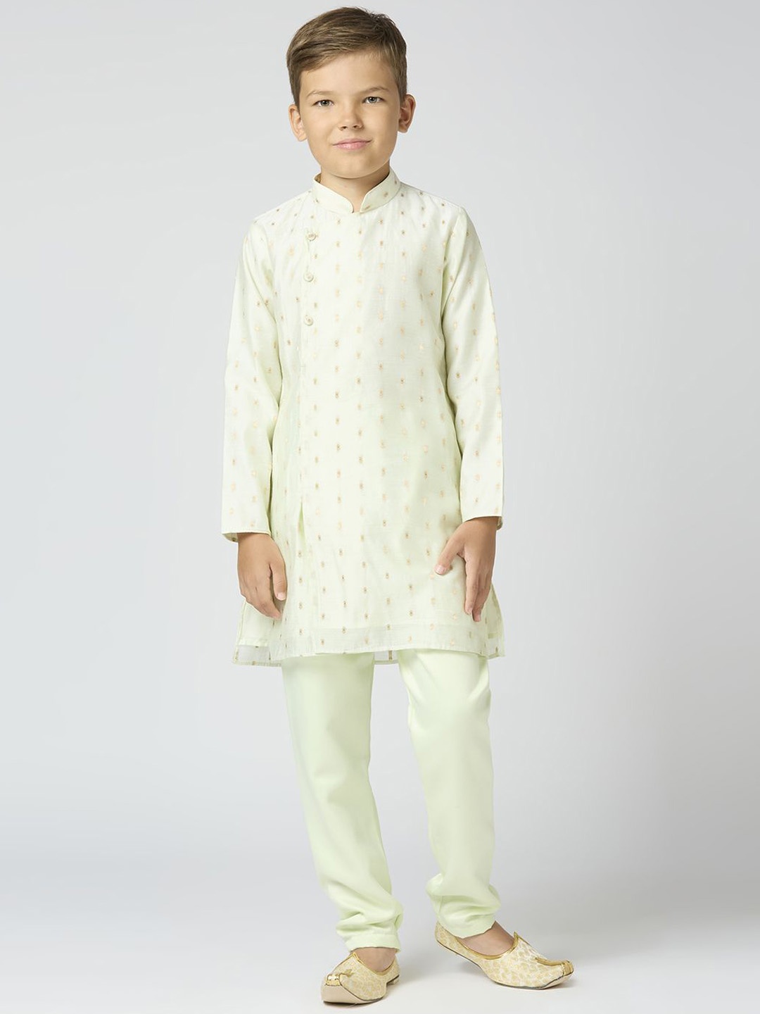 

YK Boys Ethnic Motifs Woven Design Mandarin Collar Chanderi Cotton Kurta With Trouser, Green