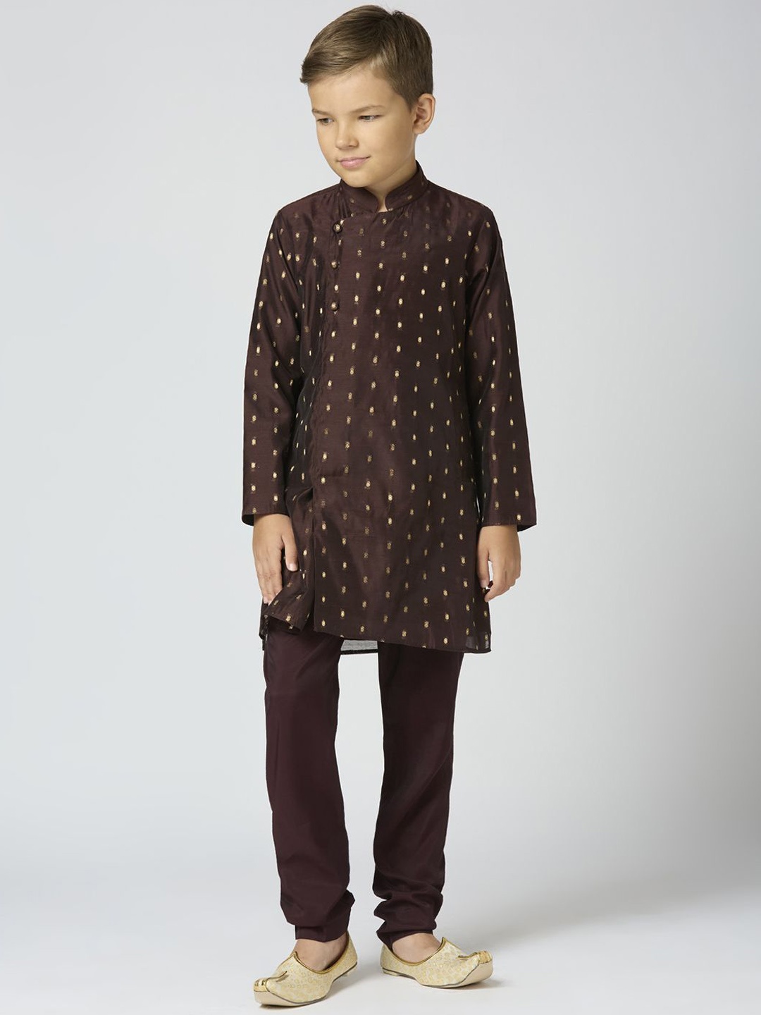 

YK Boys Ethnic Motifs Woven Design Mandarin Collar Chanderi Cotton Kurta With Trouser, Brown