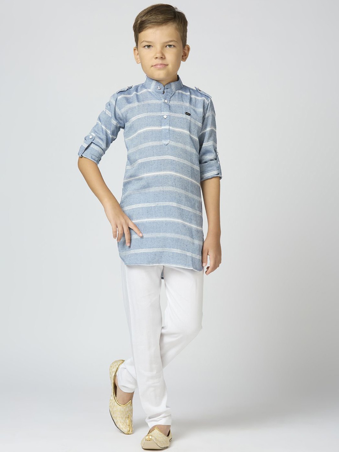 

YK Boys Striped Band Collar Long Roll-Up Sleeves Regular Straight Kurta With Trouser, Blue