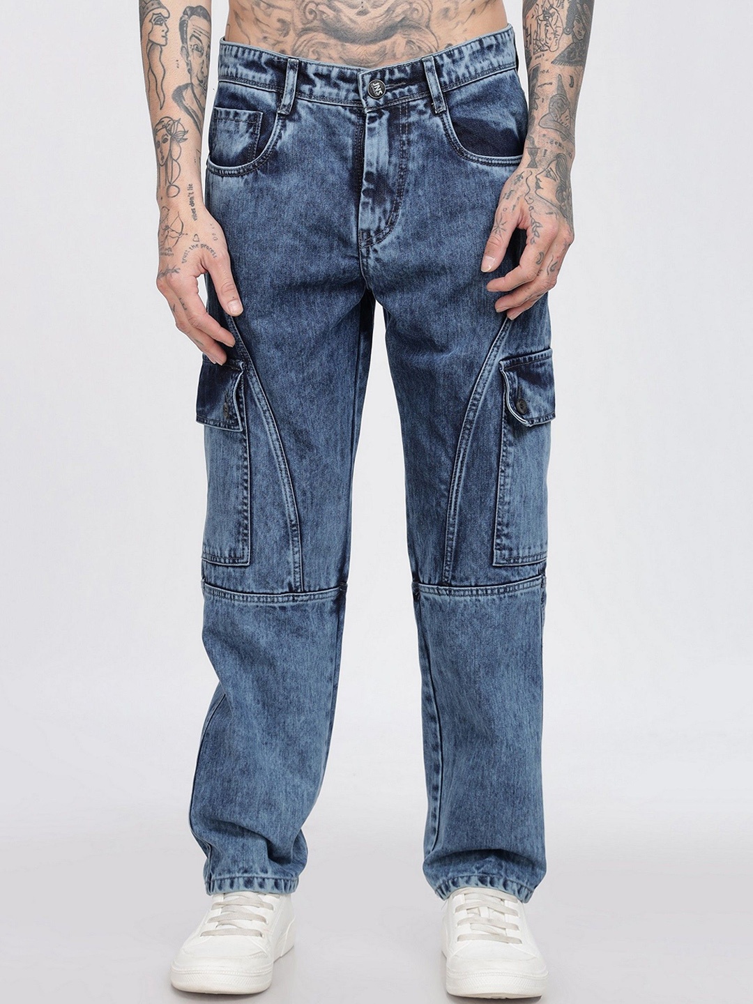 

BEVDAAS Men Mid-Rise Straight Fit Cargo Styles Jeans, Navy blue
