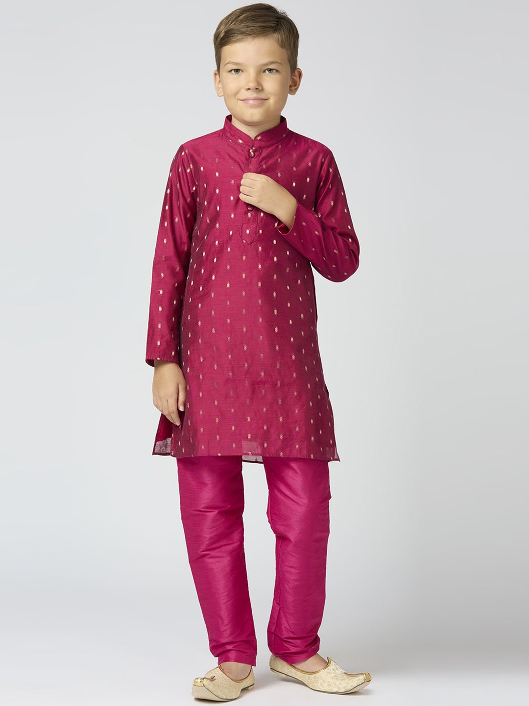 

YK Boys Ethnic Motifs Woven Design Mandarin Collar Chanderi Cotton Kurta With Trouser, Maroon