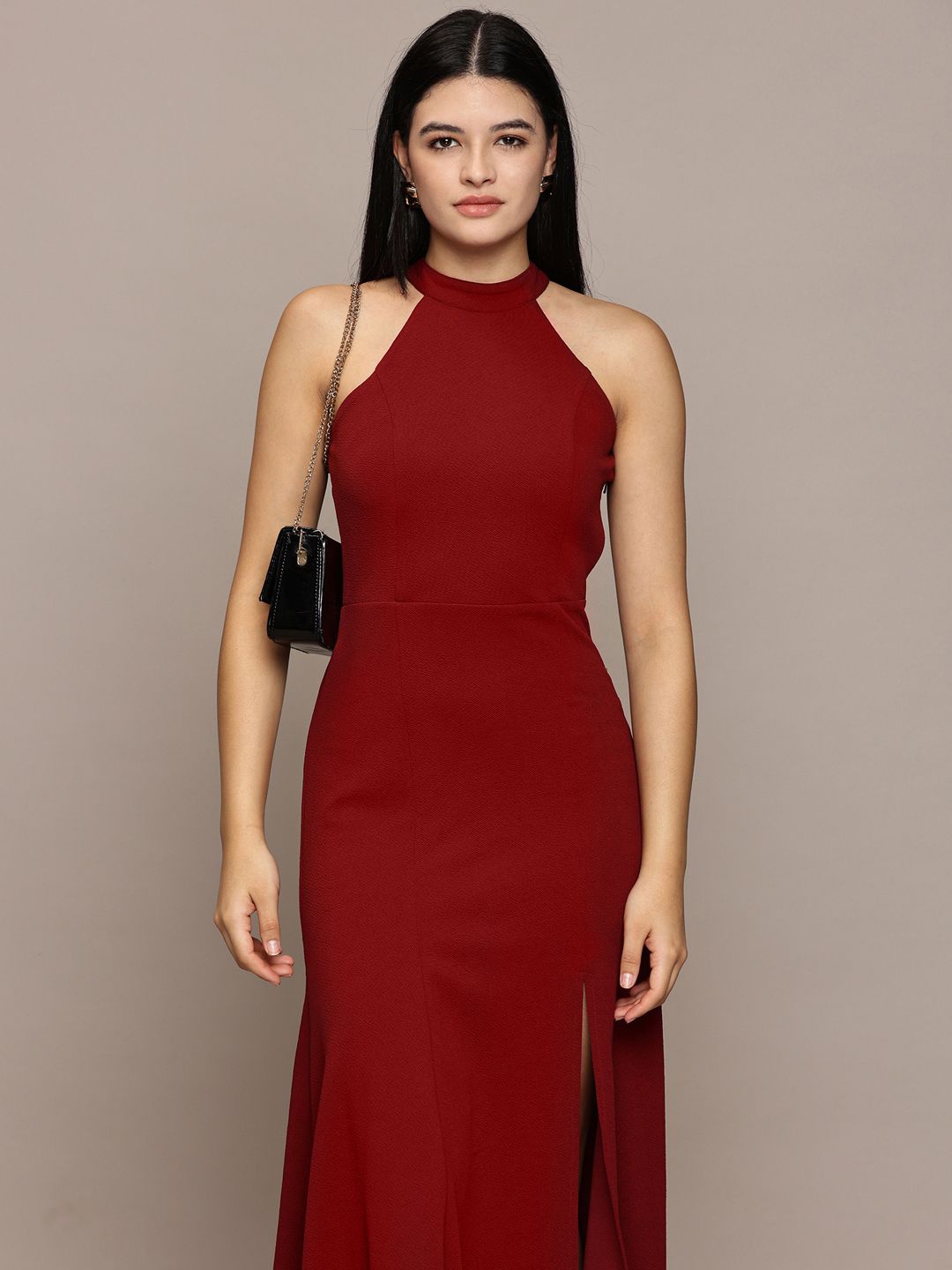 

French Connection Women Halter Neck Fit & Flare Sleeveless Midi Dress, Maroon