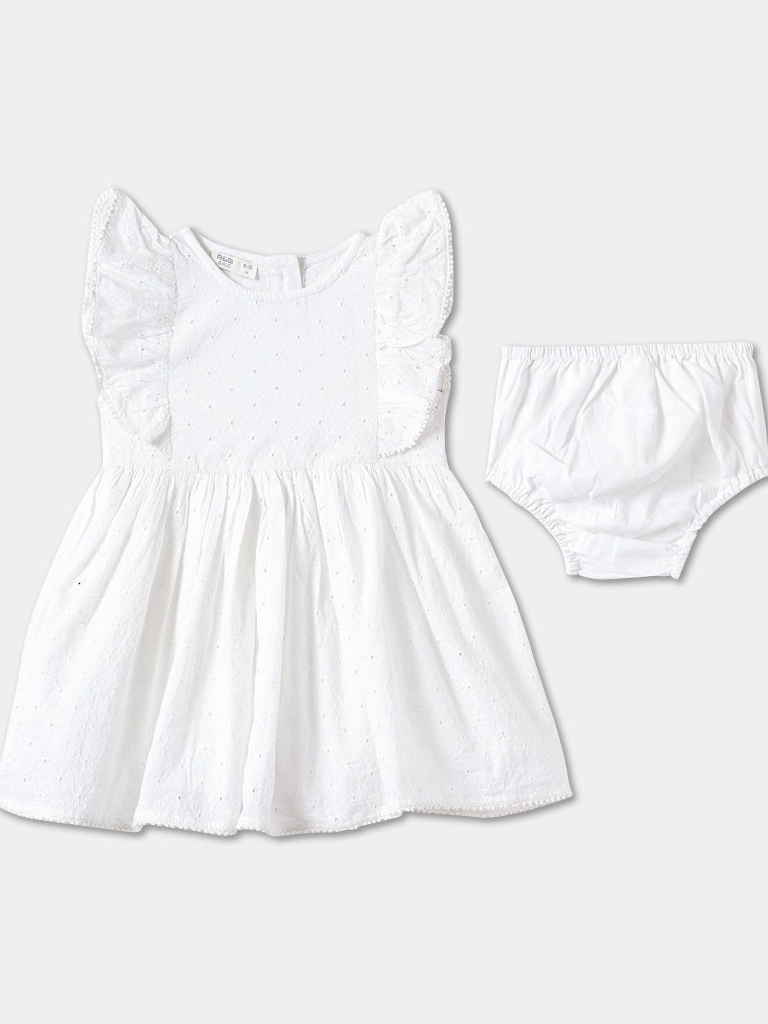 

R&B Girls Cotton Self Design Schiffli Knee Length Sleeveless Peplum Dress, White