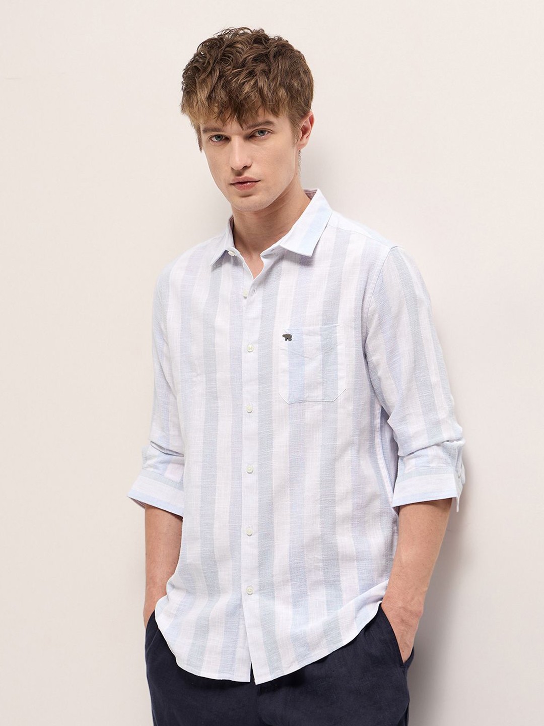 

THE BEAR HOUSE Men Spread Collar Vertical Striped Cotton Slim Fit Casual Shirt, Blue