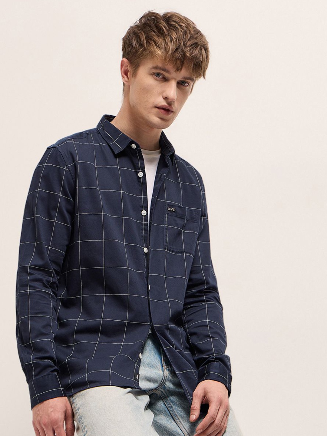 

THE BEAR HOUSE Men Spread Collar Windowpane Checked Cotton Casual Shirt, Navy blue