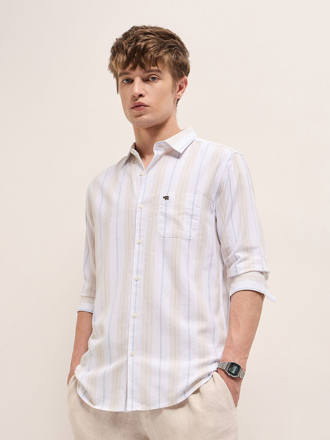 

THE BEAR HOUSE Men Spread Collar Vertical Striped Cotton Slim Fit Casual Shirt, White