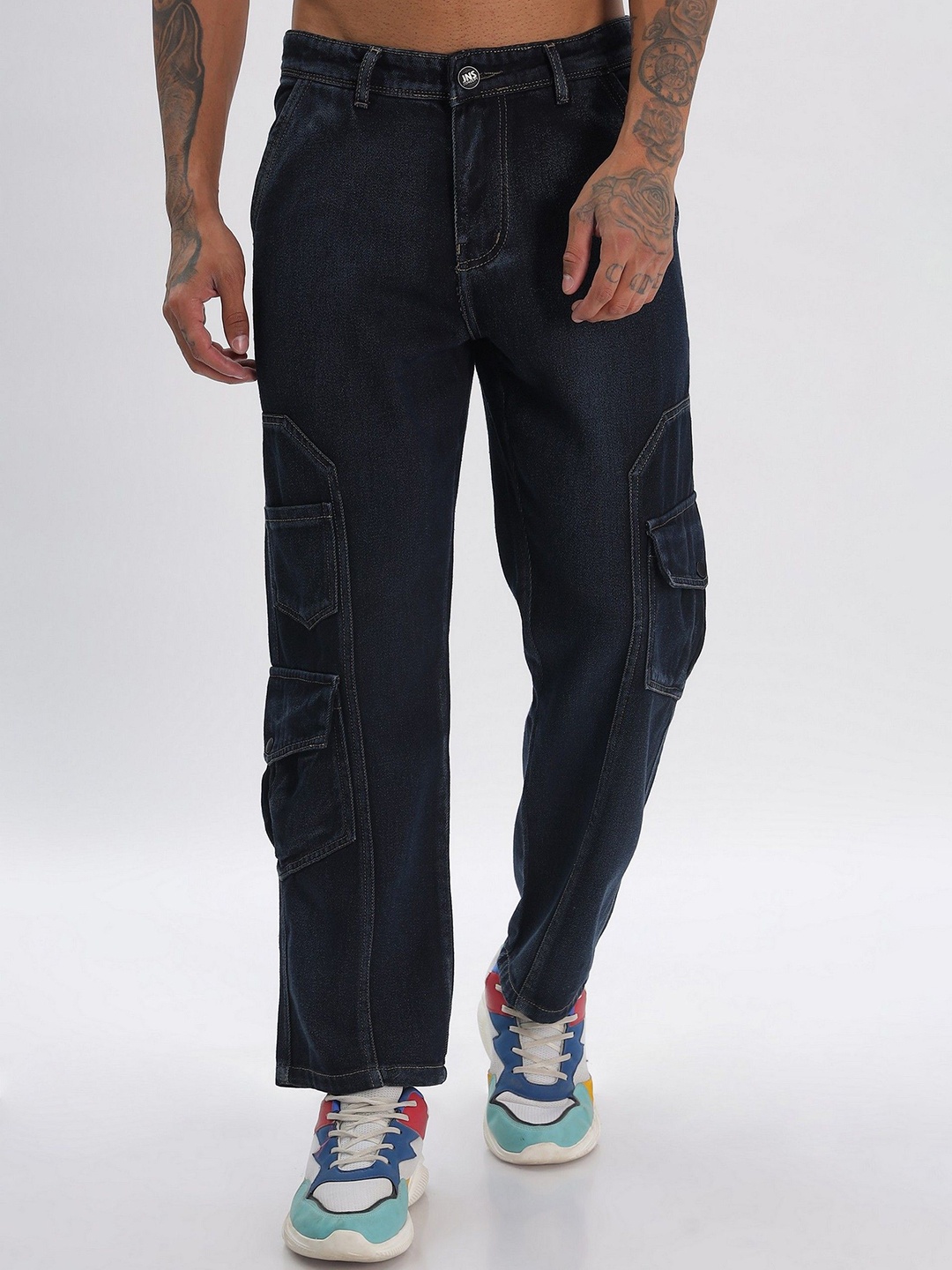 

BEVDAAS Men Cotton Relaxed Fit High-Rise Jeans, Navy blue