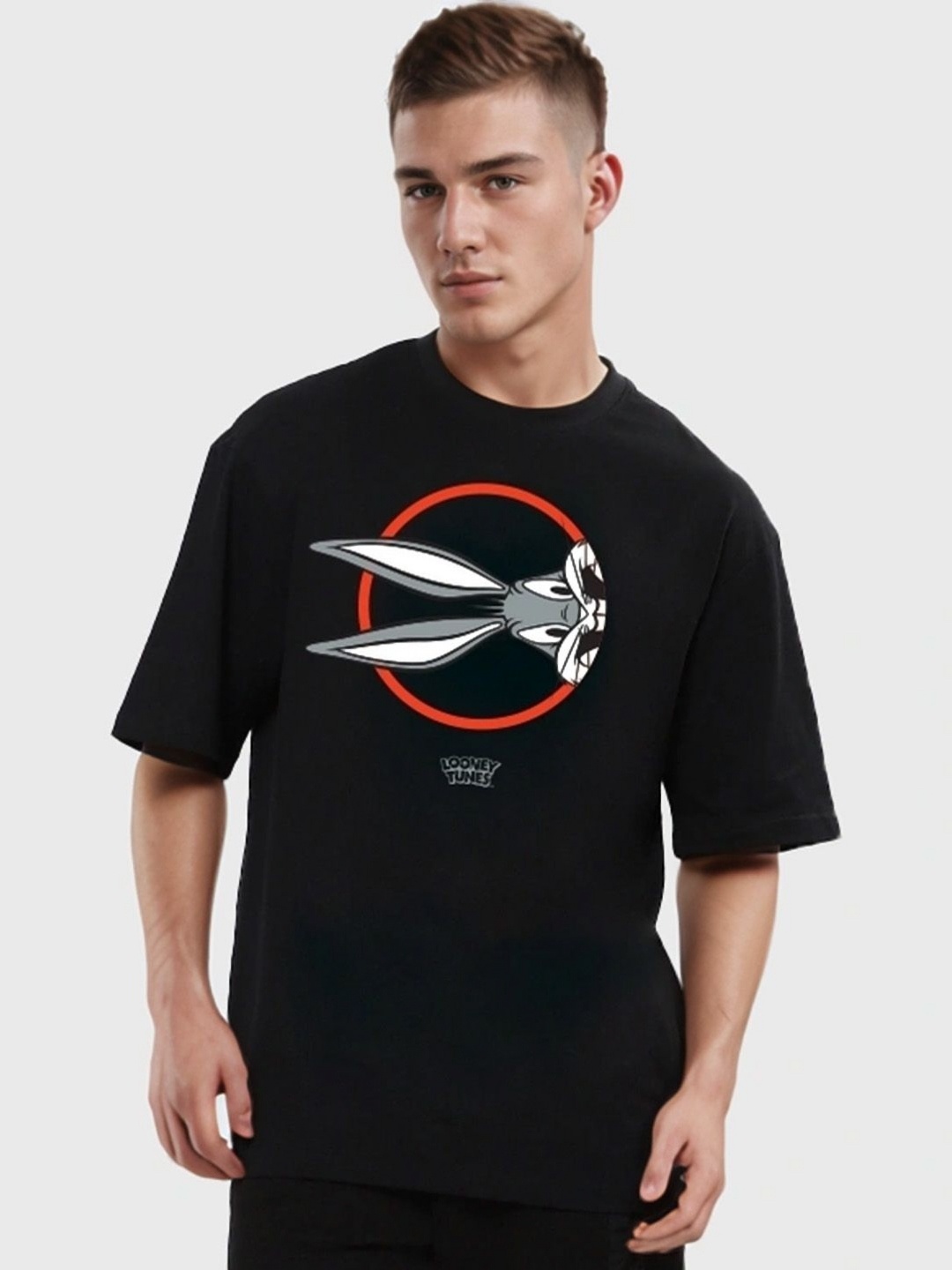 

Hikabae Men Looney Tunes Bio Finish Graphic Printed Round Neck Cotton Oversized T-shirt, Black