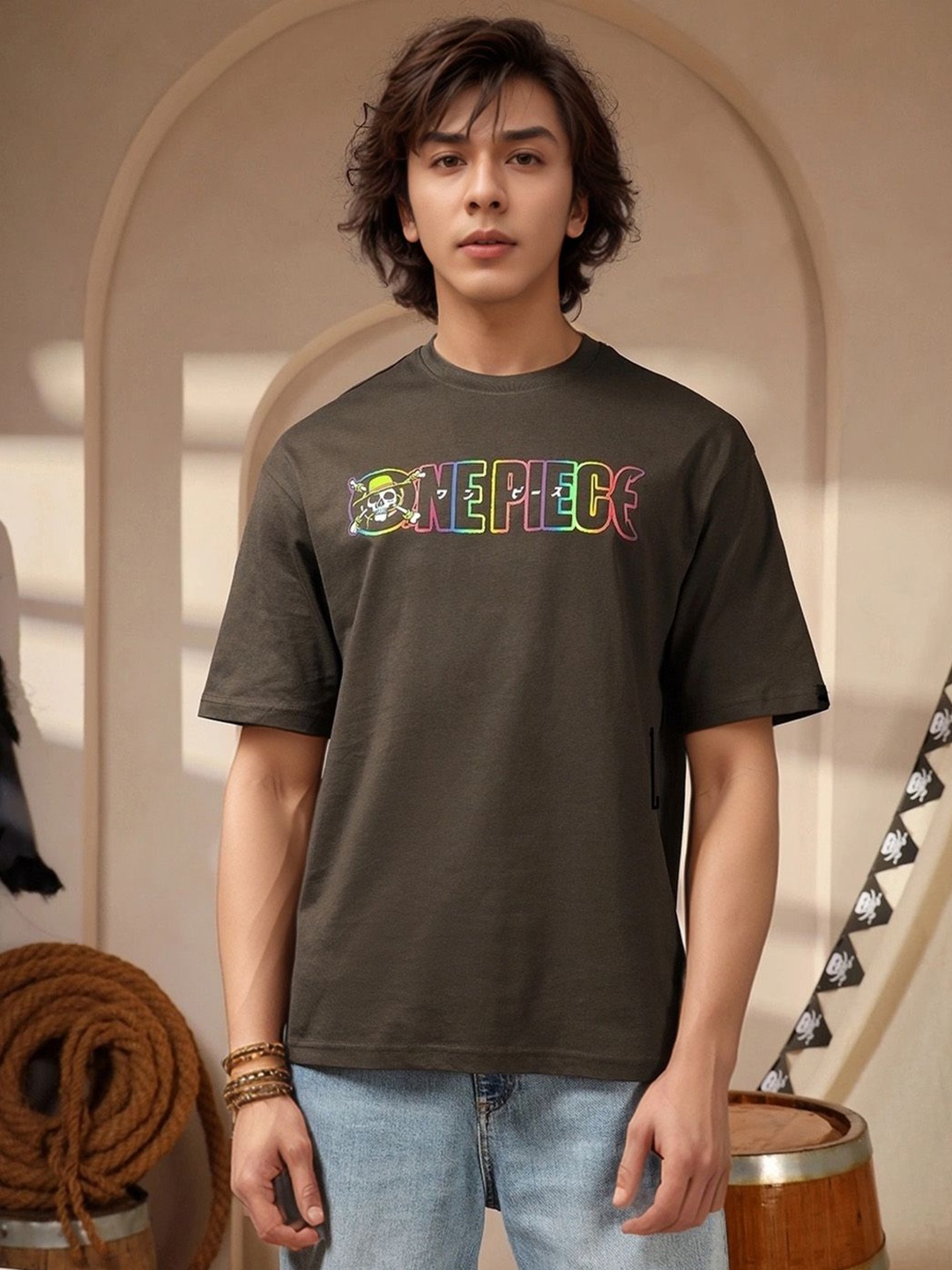 

Hikabae Men Bio Finish Typography Printed Round Neck Relaxed Fit Cotton T-shirt, Brown