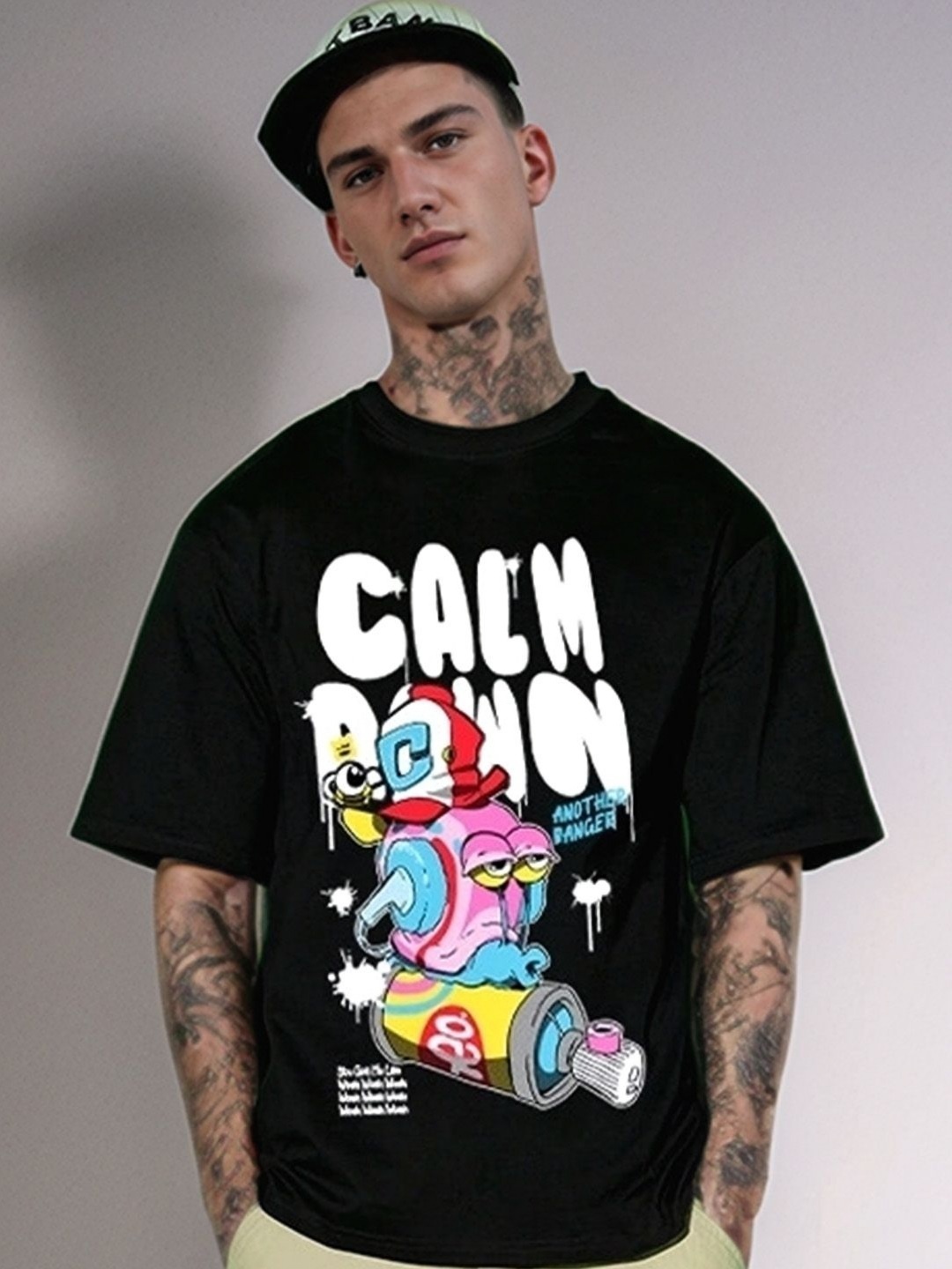 

Hikabae Men Bio Finish Typography Printed Round Neck Cotton Oversized T-shirt, Black