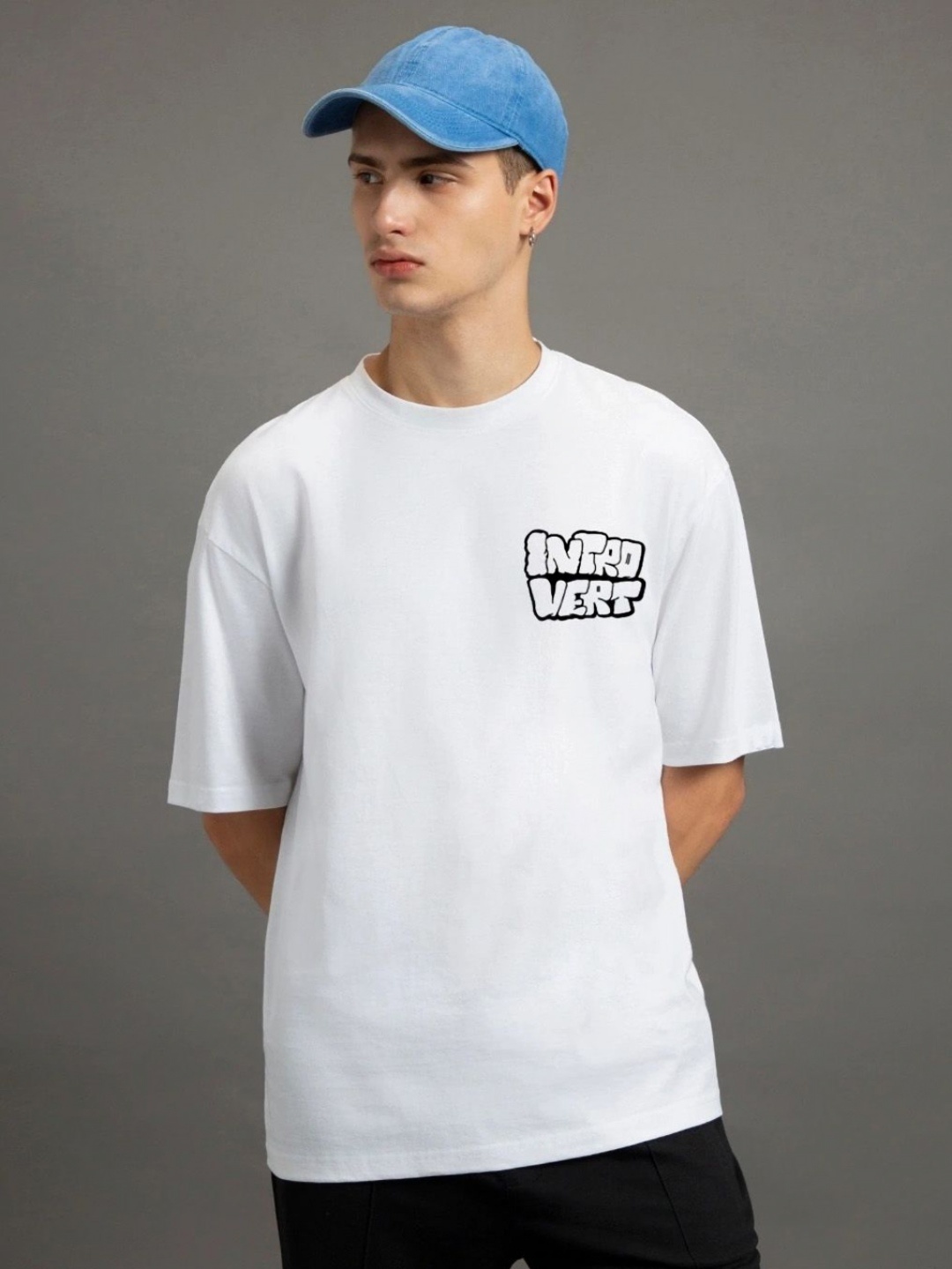 

Hikabae Men Bio Finish Typography Printed Round Neck Cotton Oversized T-shirt, White