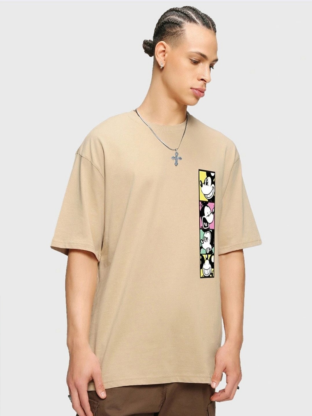 

Hikabae Men Mickey Mouse Bio Finish Graphic Printed Round Neck Cotton Oversized T-shirt, Beige