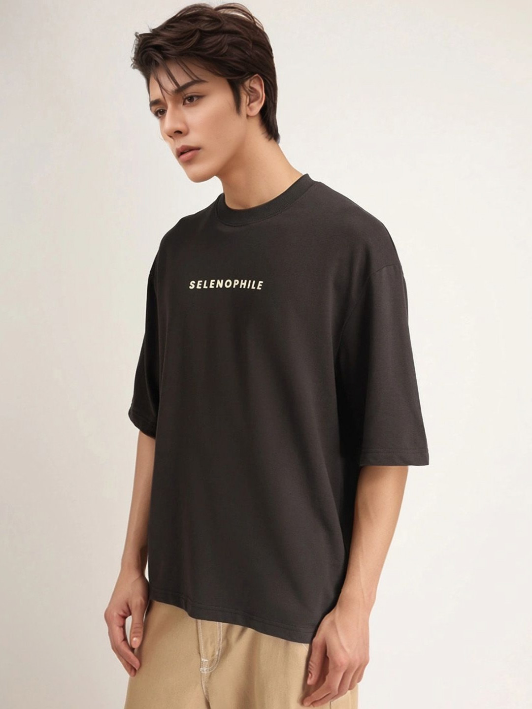 

Hikabae Men Bio Finish Graphic Printed Round Neck Pure Cotton Oversized T-shirt, Olive