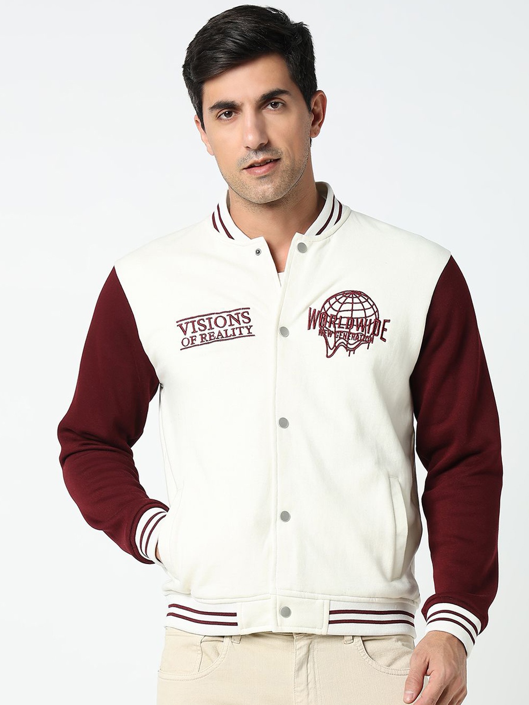 

R&B Men without Crop Varsity Jacket with Patchwork, White