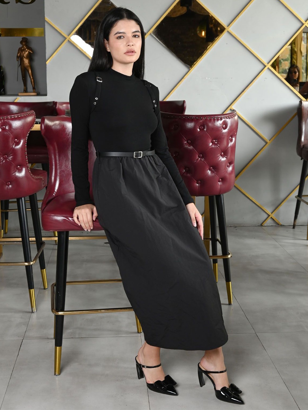 

ODETTE Jersey And Poplin Solid Dress For Women, Black