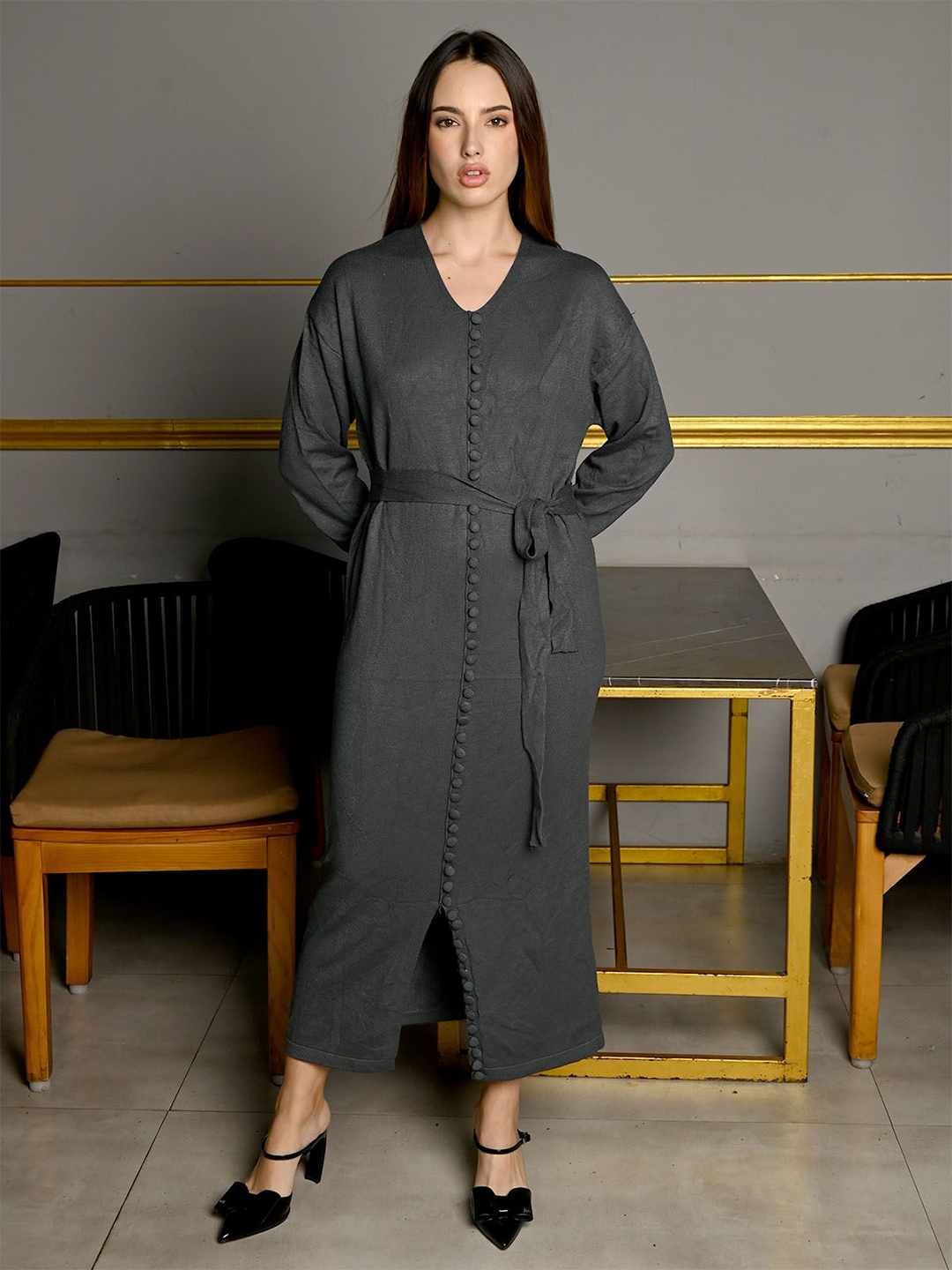 

Odette Grey Jersey Solid Long Dress For Women