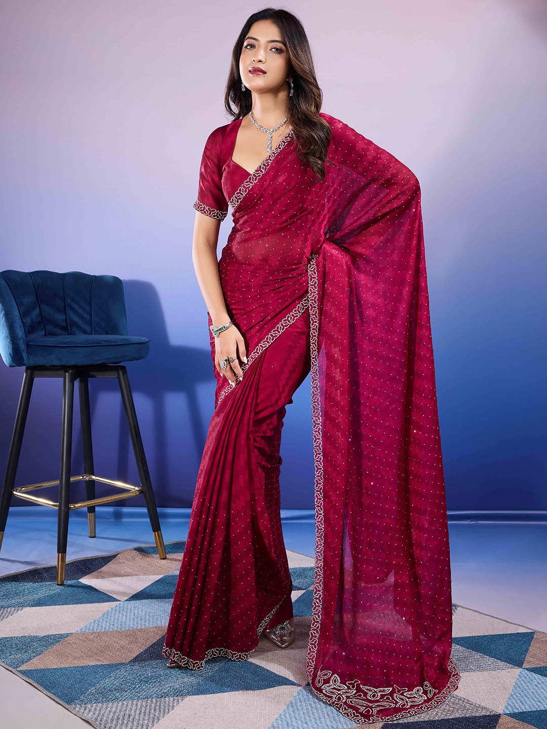 

Mitera Embellished Beads and Stones Poly Chiffon Saree, Magenta