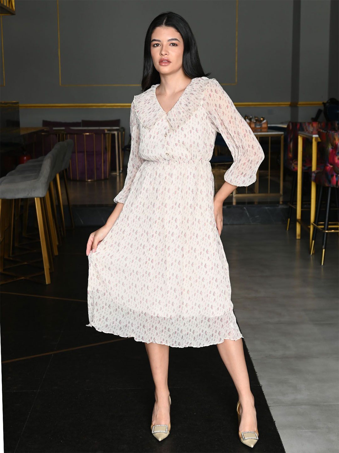 

ODETTE Printed Flared Sleeve Crinkled Georgette Fit & Flare Midi Dress, Off white