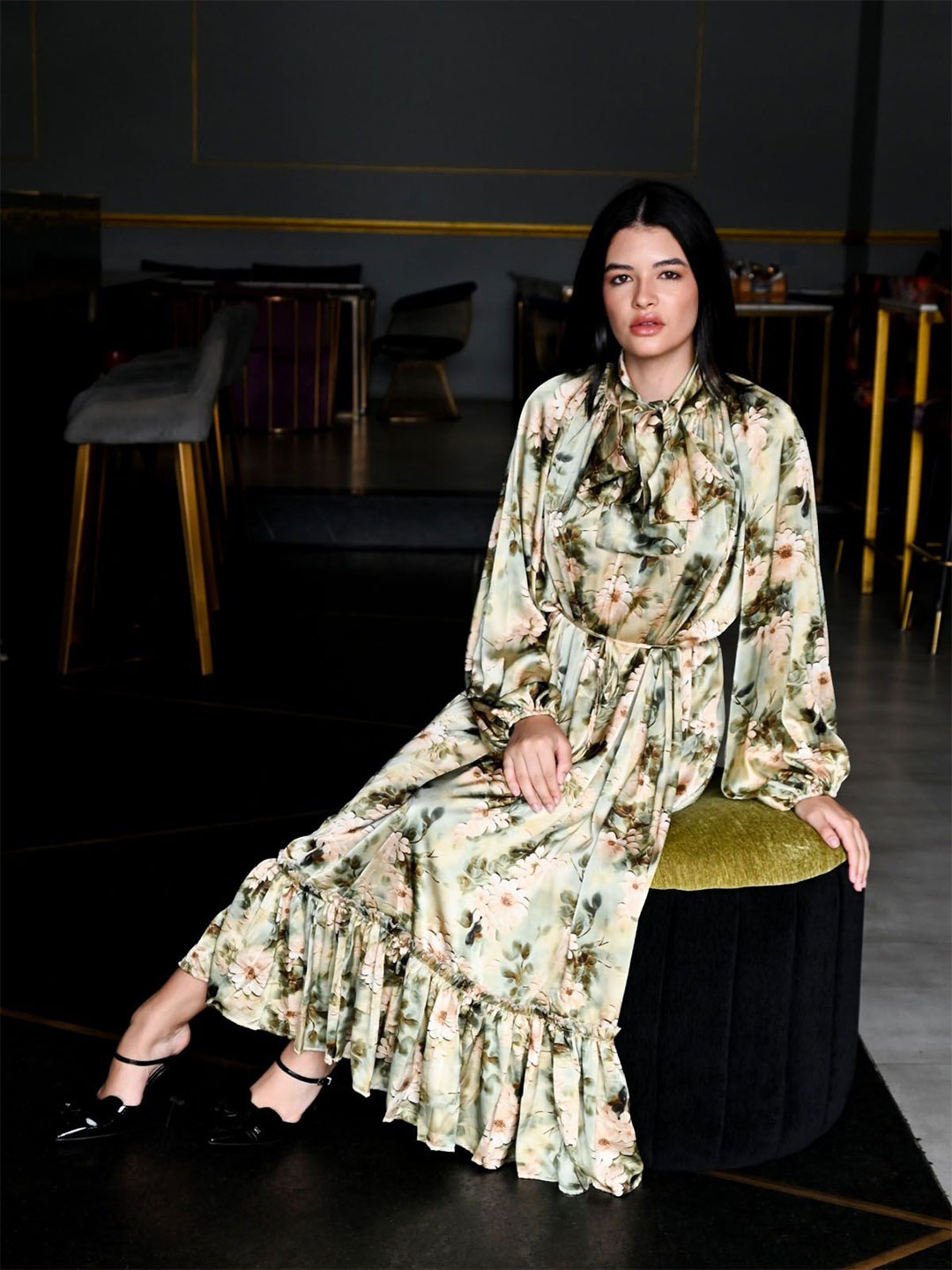 

ODETTE Women Floral Printed Long Drop - Waist Dress, Green