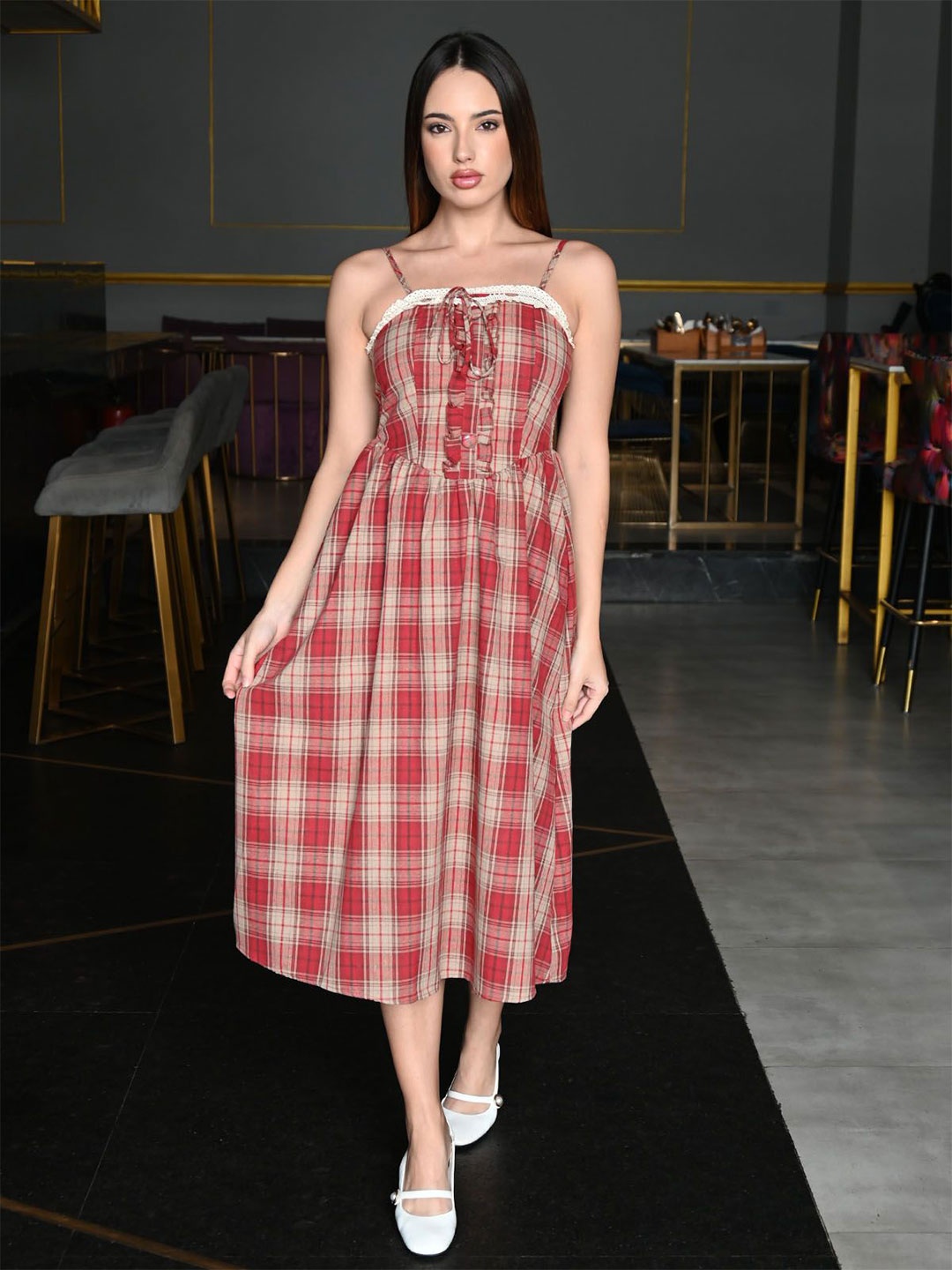 

ODETTE Women Cotton Checked Fit & Flare Dress, Red