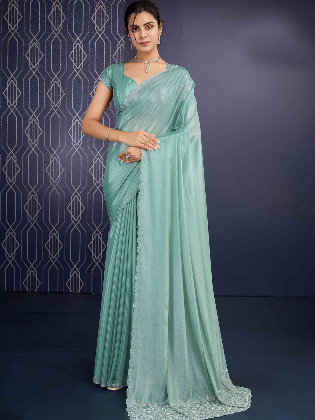 

Mitera Beads and Stones Saree with Blouse Piece, Green