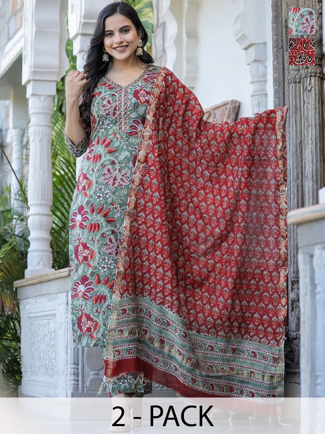 

KALINI Set Of 2 Floral Printed Kurta with Trouser & Dupatta, Green