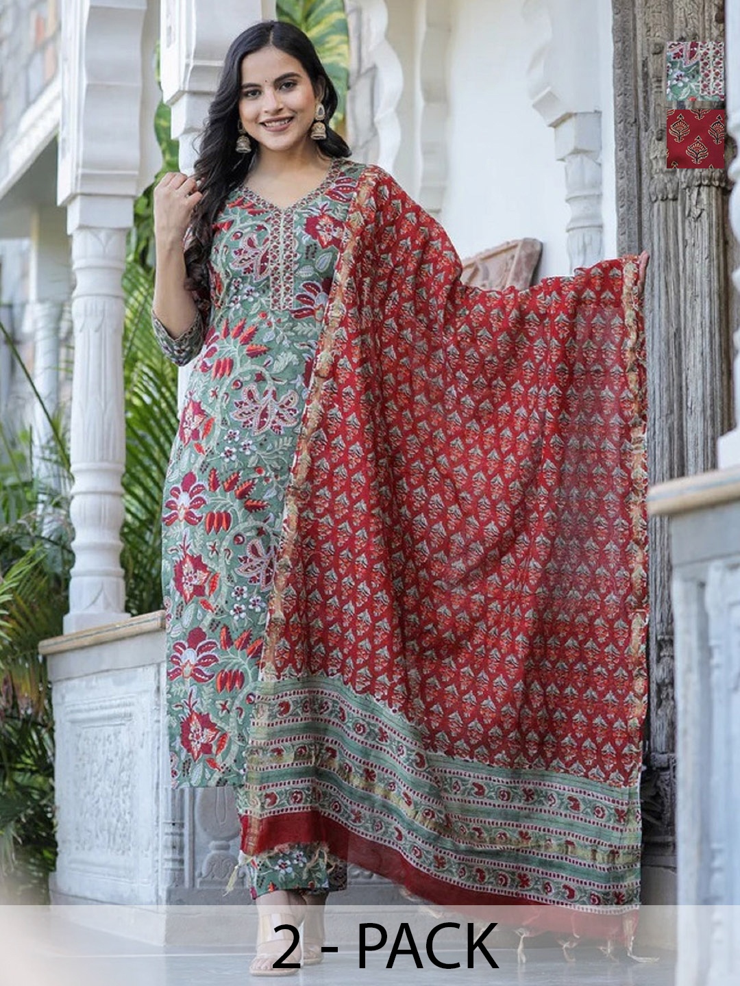 

KALINI Pack Of 2 V-Neck Ethnic Motifs Printed Straight Kurta With Trouser & Dupatta, Maroon
