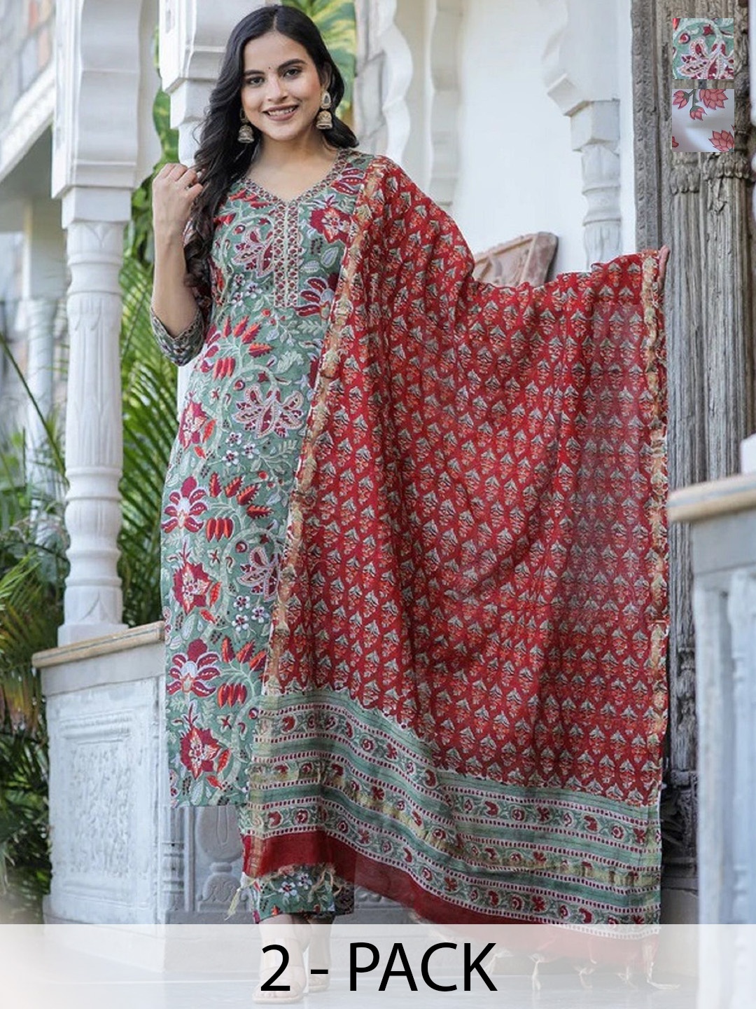 

KALINI Pack Of 2 V-Neck Ethnic Motifs Printed Straight Kurta With Trouser & Dupatta, Green