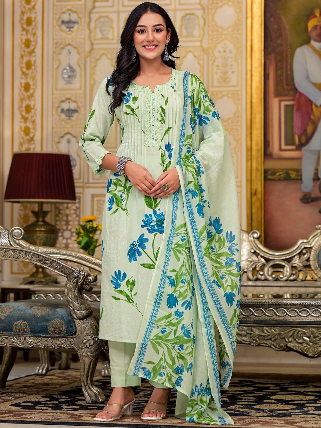 

AUTUMN LANE Floral Printed Mirror Work Pure Cotton Straight Kurta With Trousers & Dupatta, Green