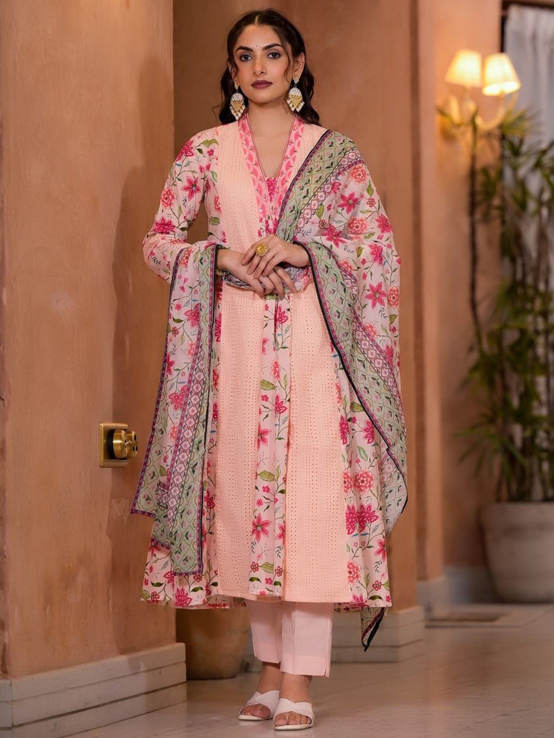

AUTUMN LANE Floral Printed Mirror Work Pure Cotton A-Line Kurta With Trousers & Dupatta, Peach