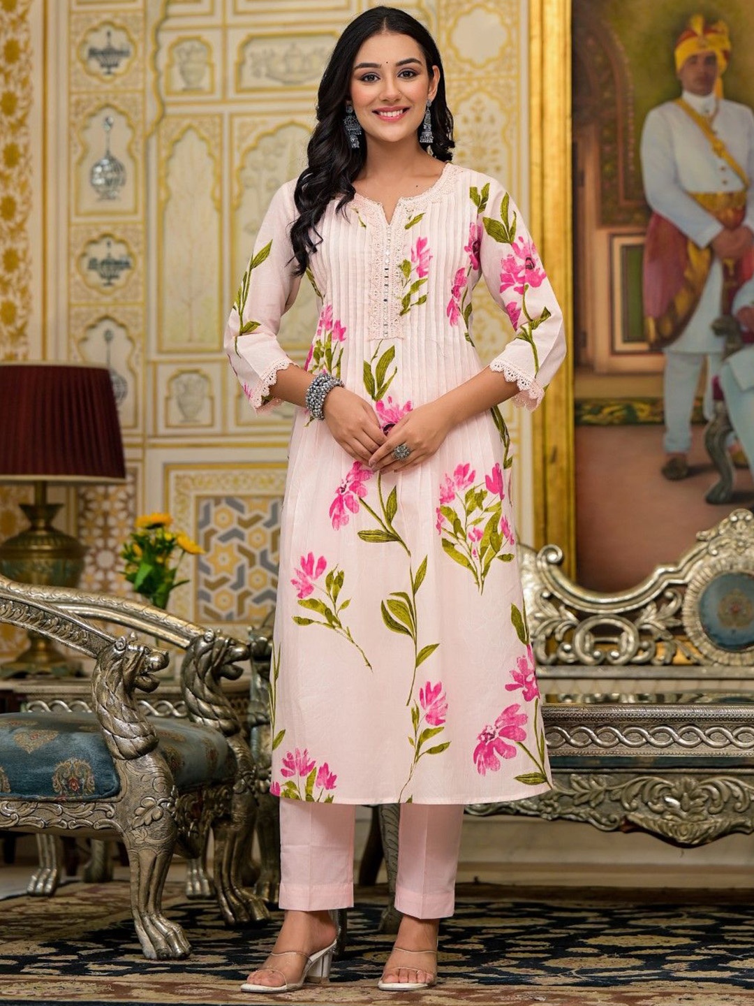 

AUTUMN LANE Floral Printed Mirror Work Pure Cotton Straight Kurta With Trousers & Dupatta, Pink