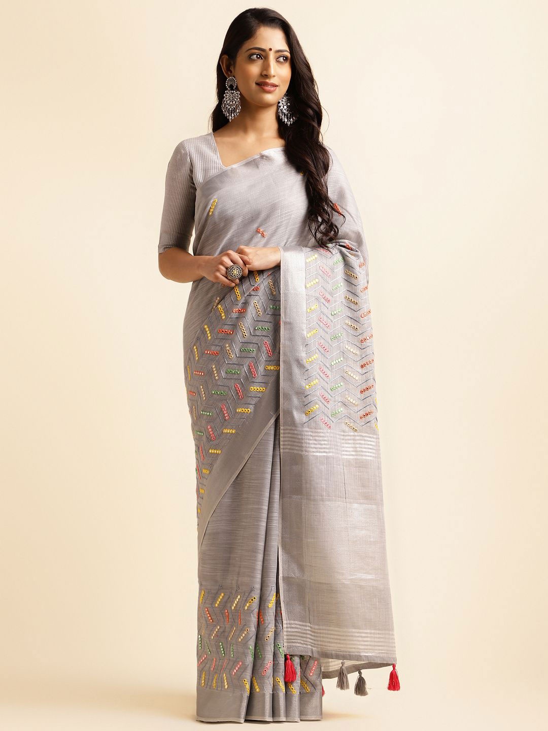 

Mitera Embroidered Mirror Work Saree, Grey