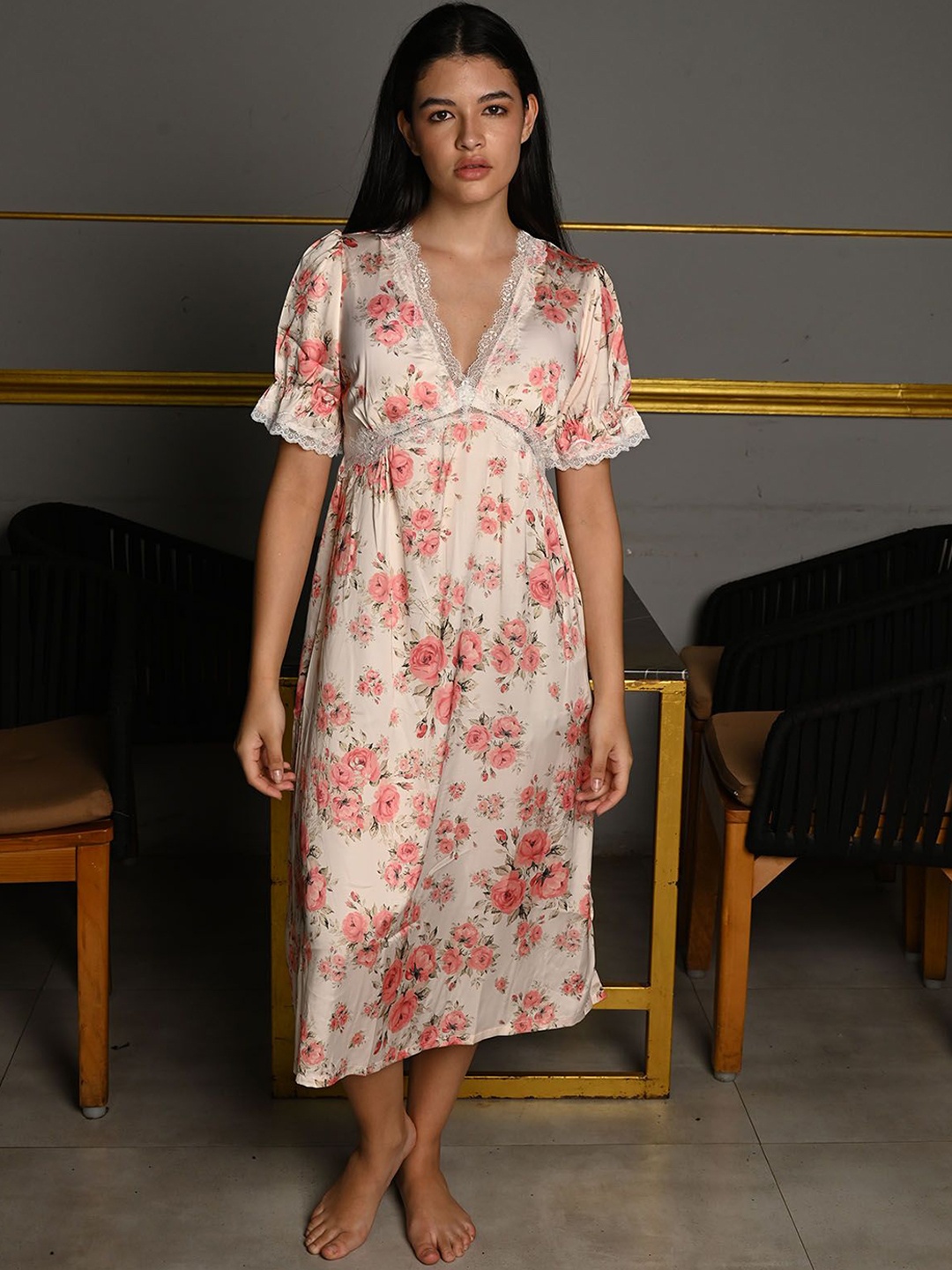 

ODETTE Satin Printed Night Wear For Women, Peach
