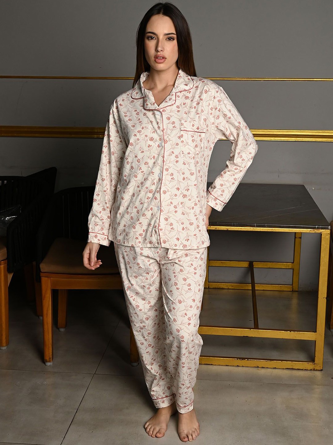 

ODETTE Off White Cotton Jersey Printed Two Piece Night Wear Set For Women