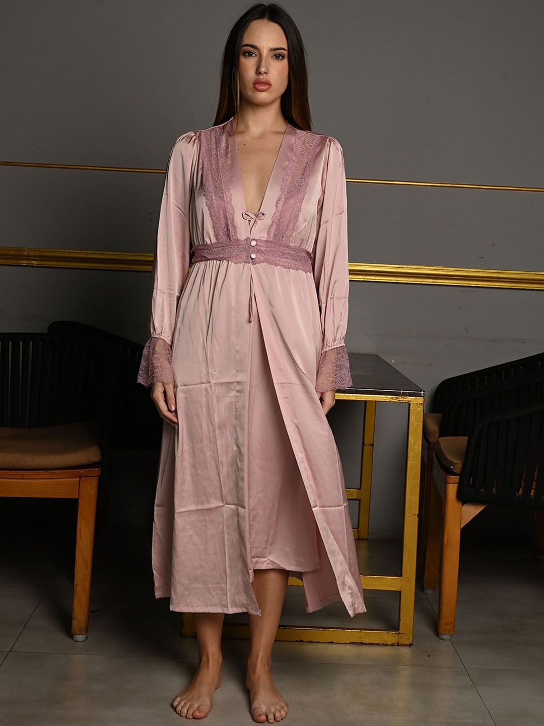 

Odette Blush Pink Satin Solid Two Piece Night Wear Set For Women