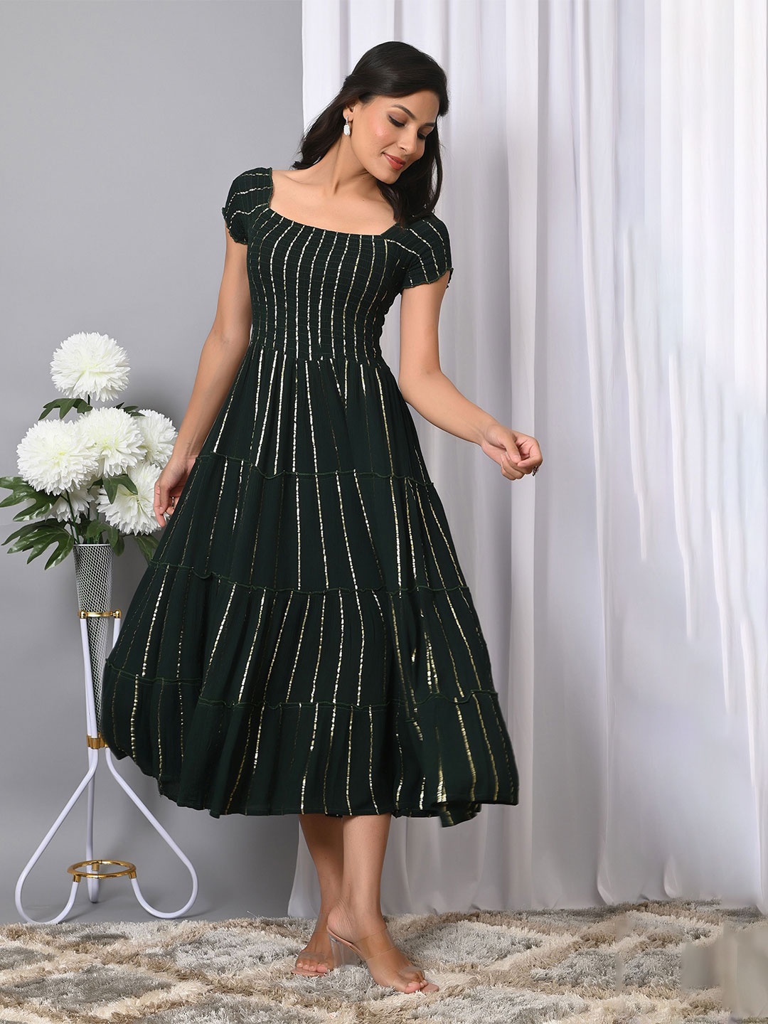 

VYMO Striped Puff Sleeve Square Neck Tiered Fit & Flared Midi Dress, Green