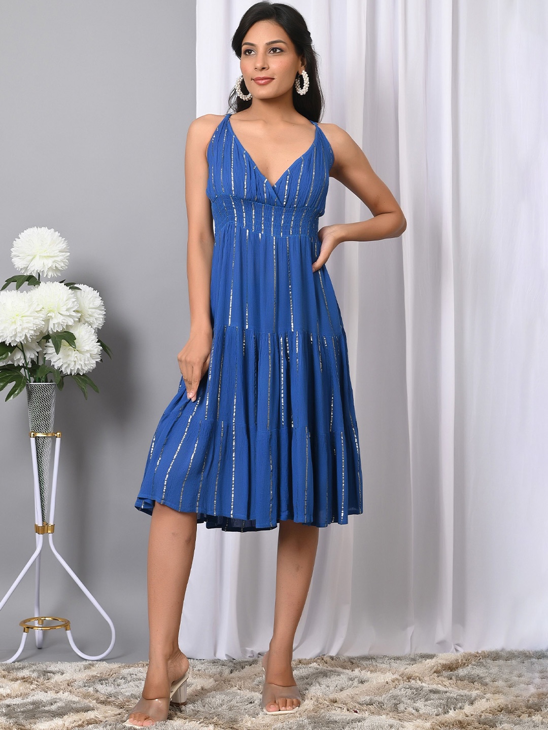 

VYMO Women V-Neck Striped Dress, Blue