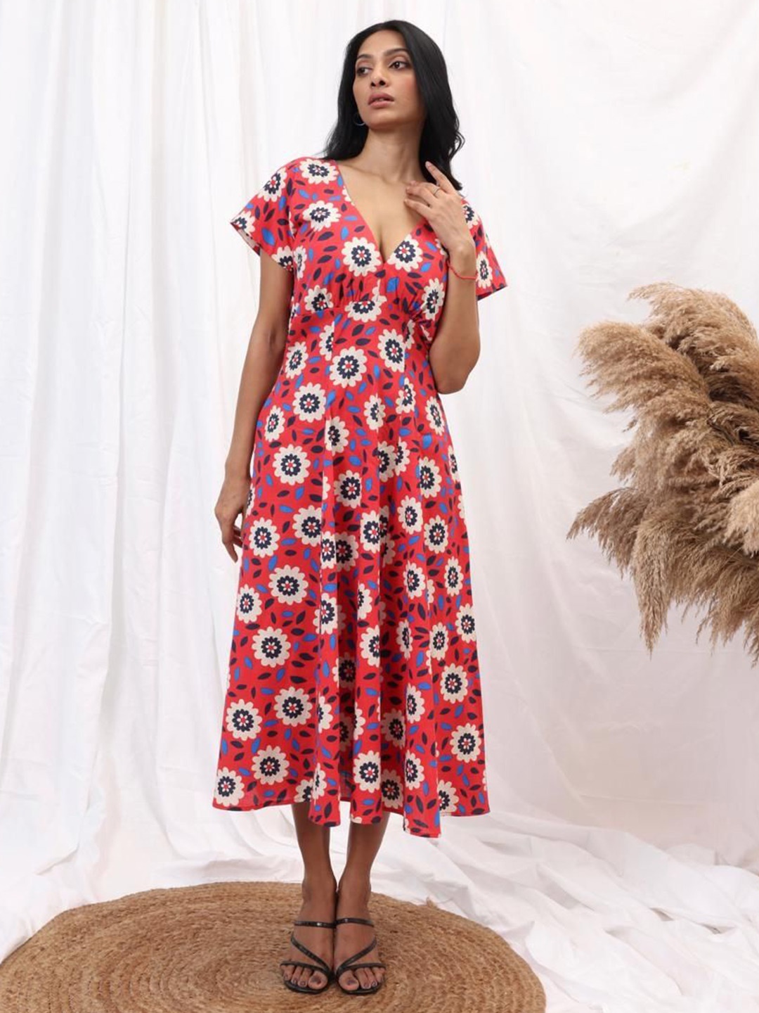 

Seryeon Women Floral Print Fit & Flare Cotton Midi Dress, Red