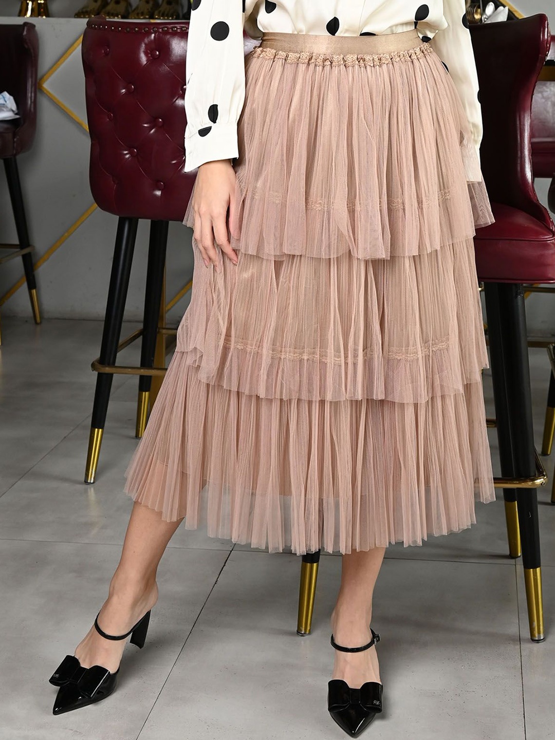 

ODETTE Women Layered Net Ruffled Midi Skirt, Beige