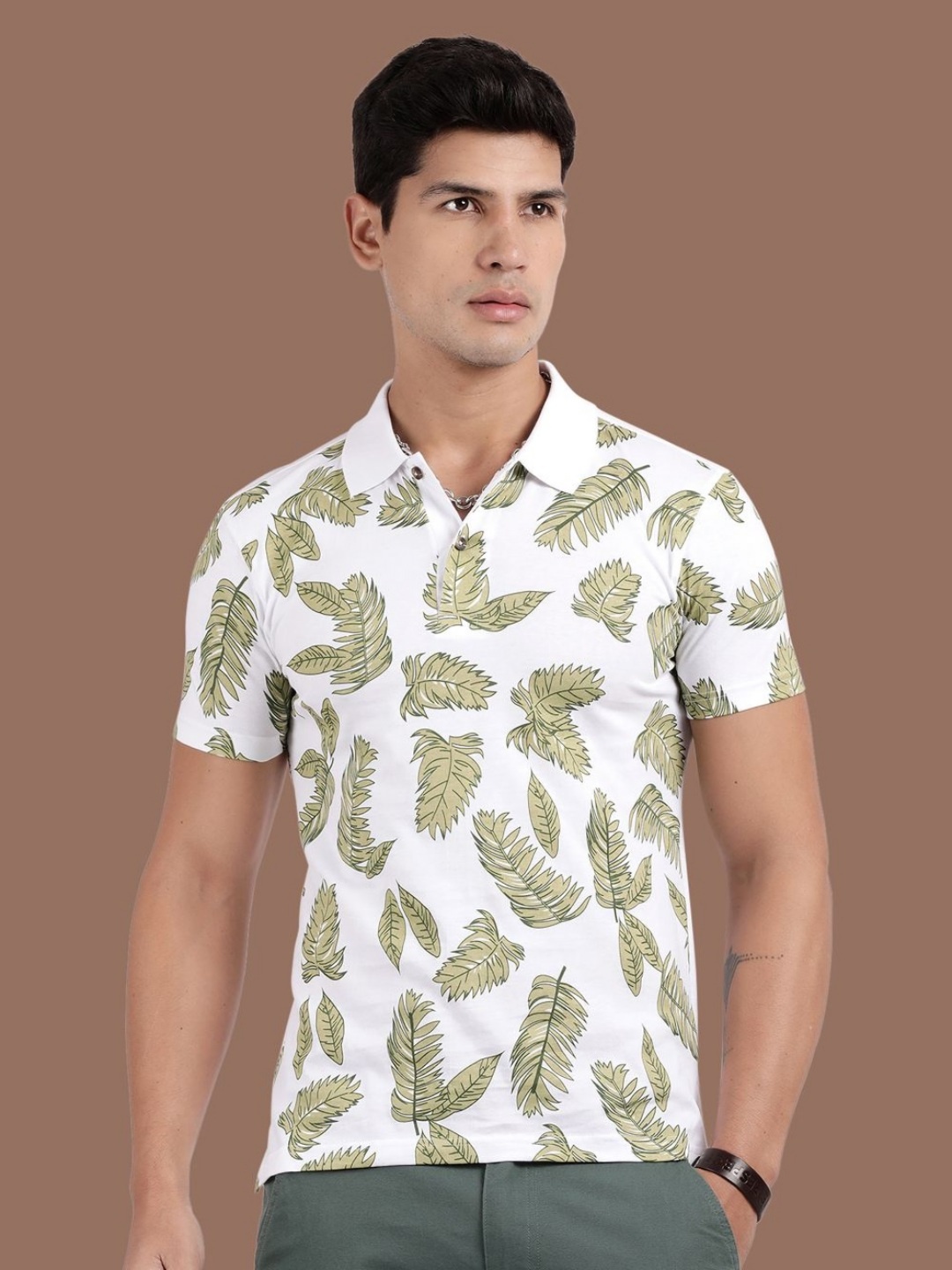 

Kryptic Men Floral Printed Polo Collar Cotton T-shirt, White