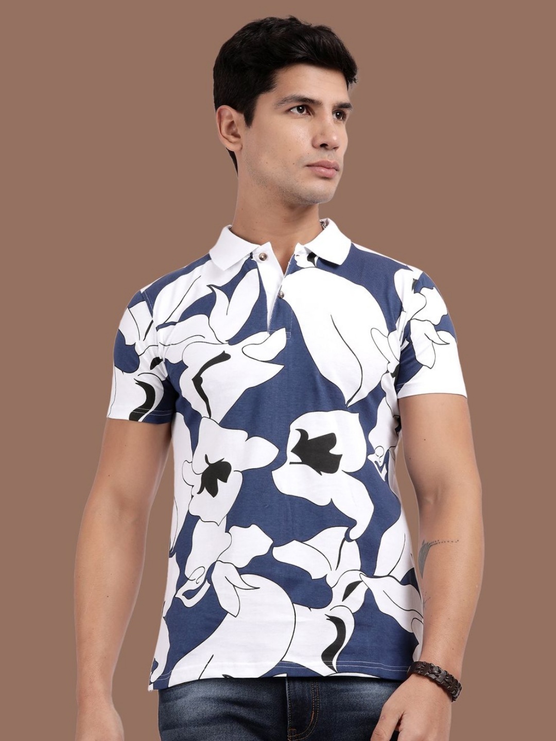 

Kryptic Men Floral Printed Polo Collar Cotton T-shirt, White