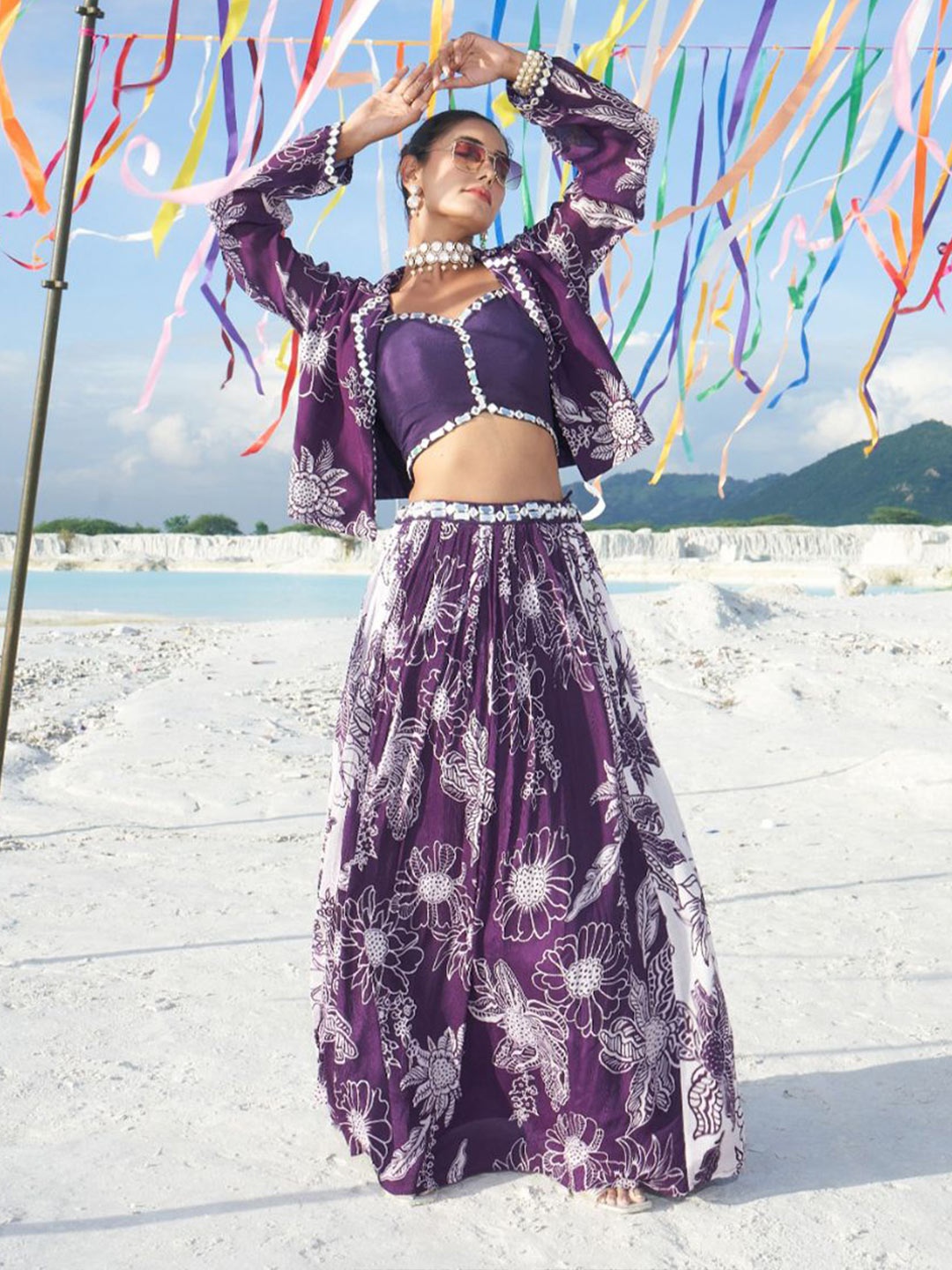 

LUGAI Embroidered Floral Printed Top & Skirts With Jacket, Purple