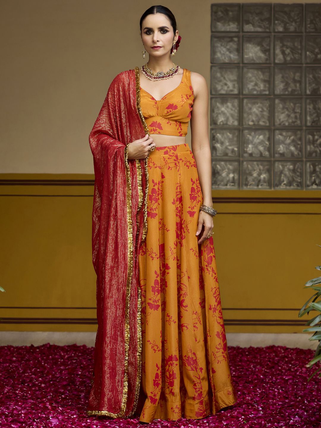

BAARO MASI Printed Ready to Wear Lehenga & Blouse With Dupatta, Mustard