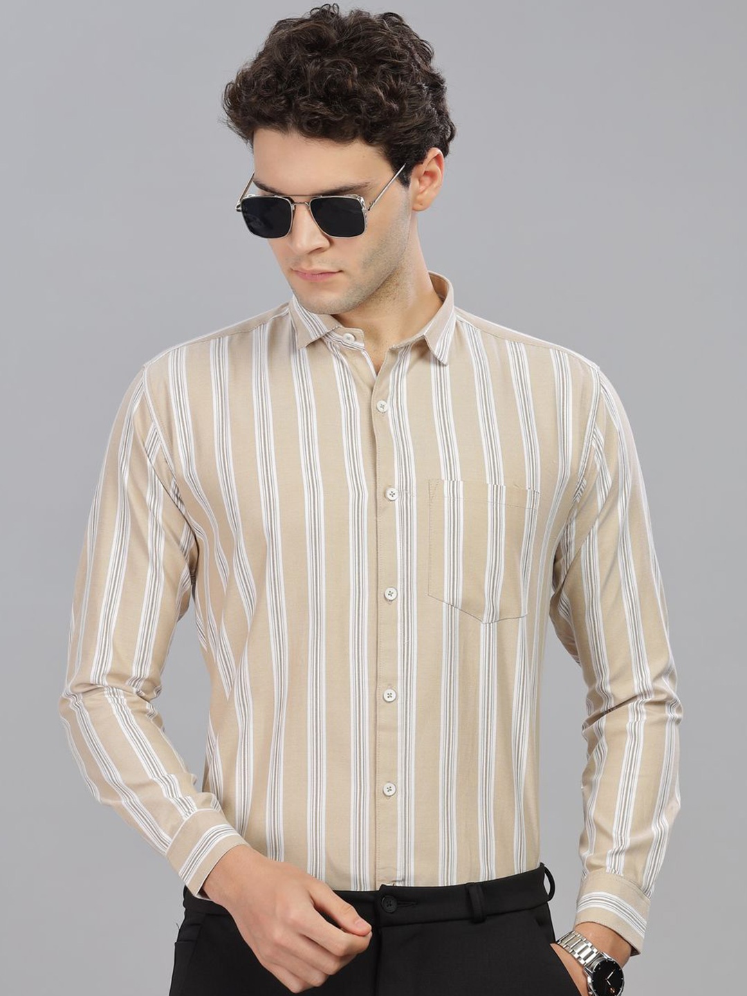 

Mildin Men Opaque Striped Formal Shirt, Brown
