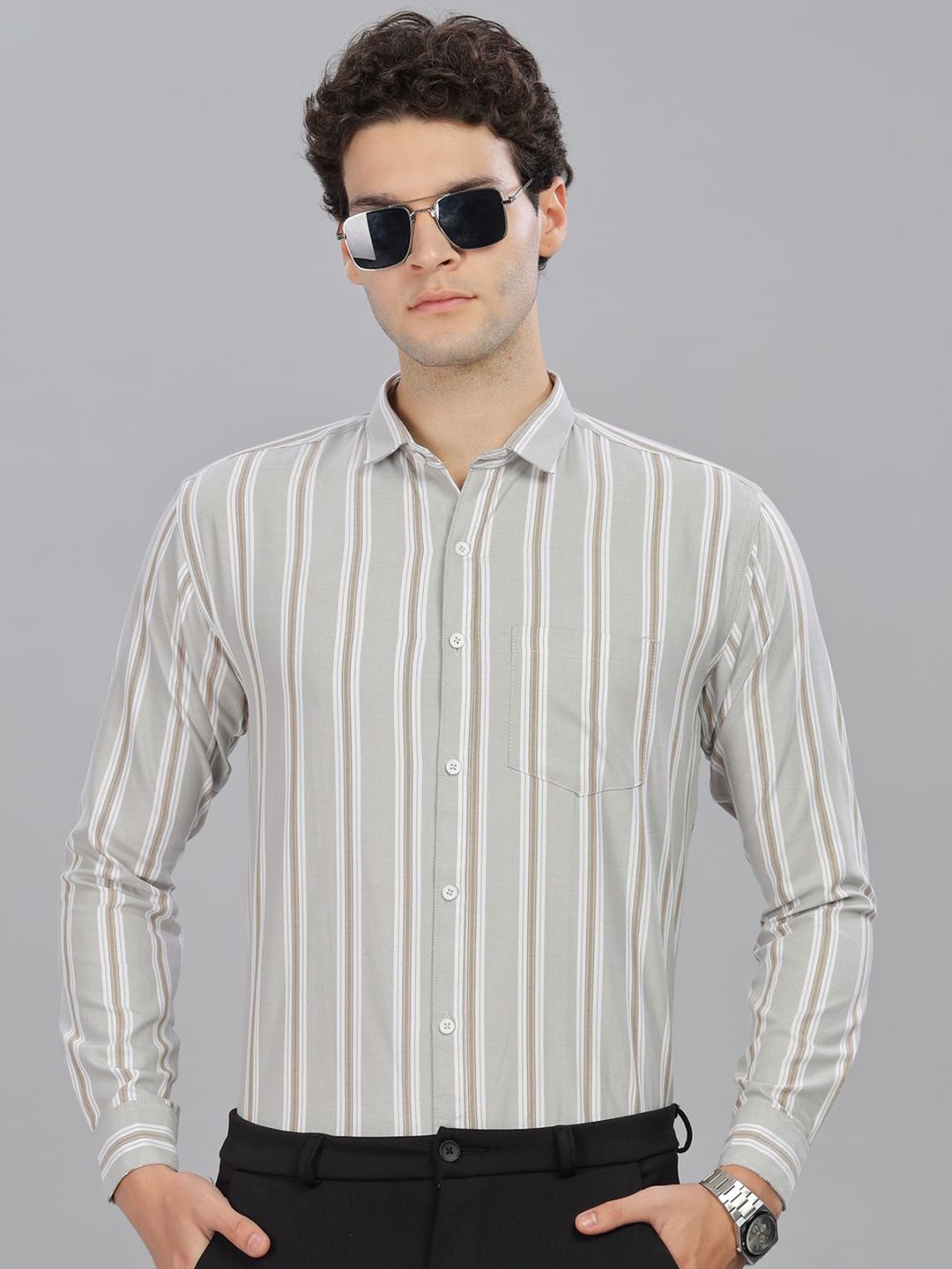 

Mildin Men Opaque Striped Formal Shirt, Grey