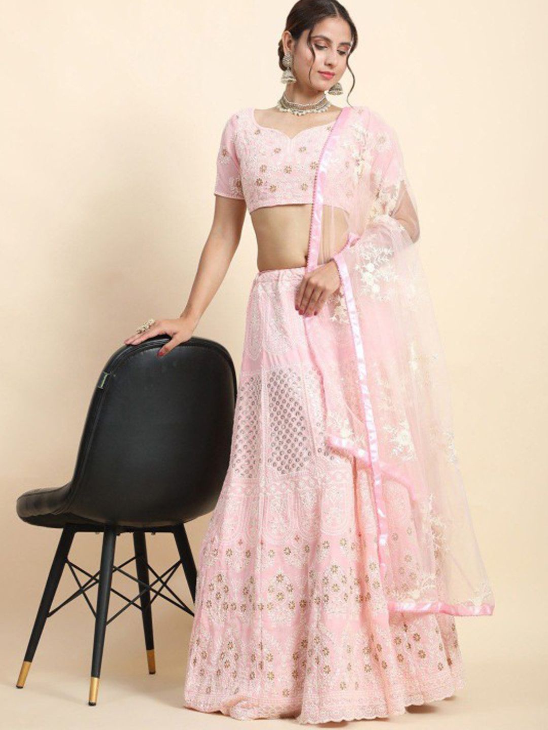 

TIKODI Embroidered Thread Work Semi-Stitched Lehenga & Unstitched Blouse With Dupatta, Pink