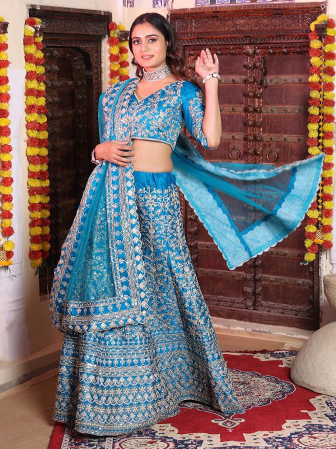 

TIKODI Embroidered Sequinned Semi-Stitched Lehenga & Unstitched Blouse With Dupatta, Blue