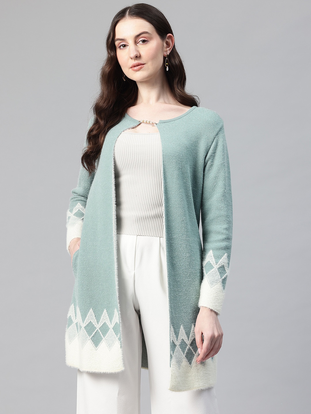 

Pierre Carlo Geometric Printed Longline Cardigan, Green