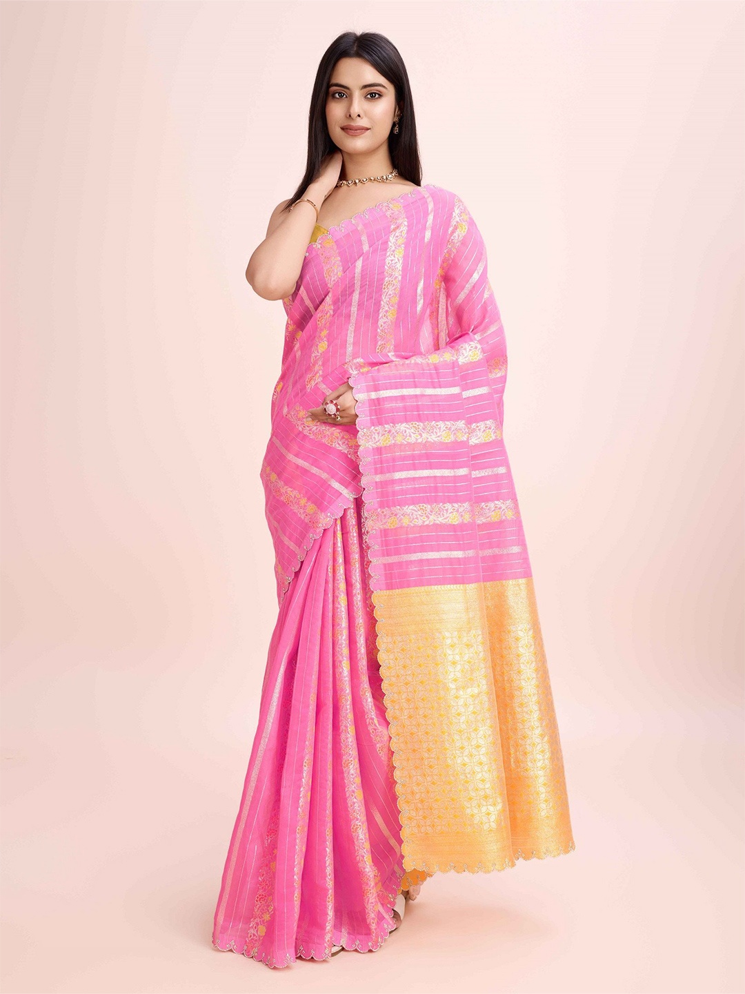 

Fashion Ritmo Striped Pure Cotton Heavy Work Saree, Pink